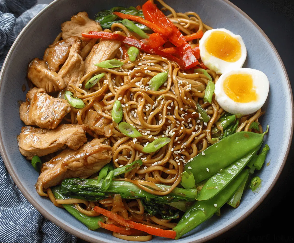 Delicious Chicken Teriyaki Noodles with glaze and vegetables on a plate