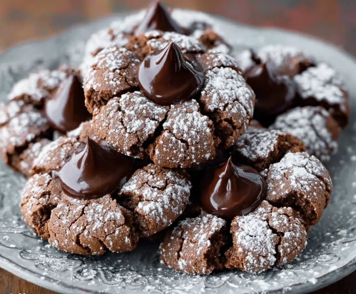 Delicious homemade Chocolate Blossom Cookies with a fudgy center and chocolate drizzle