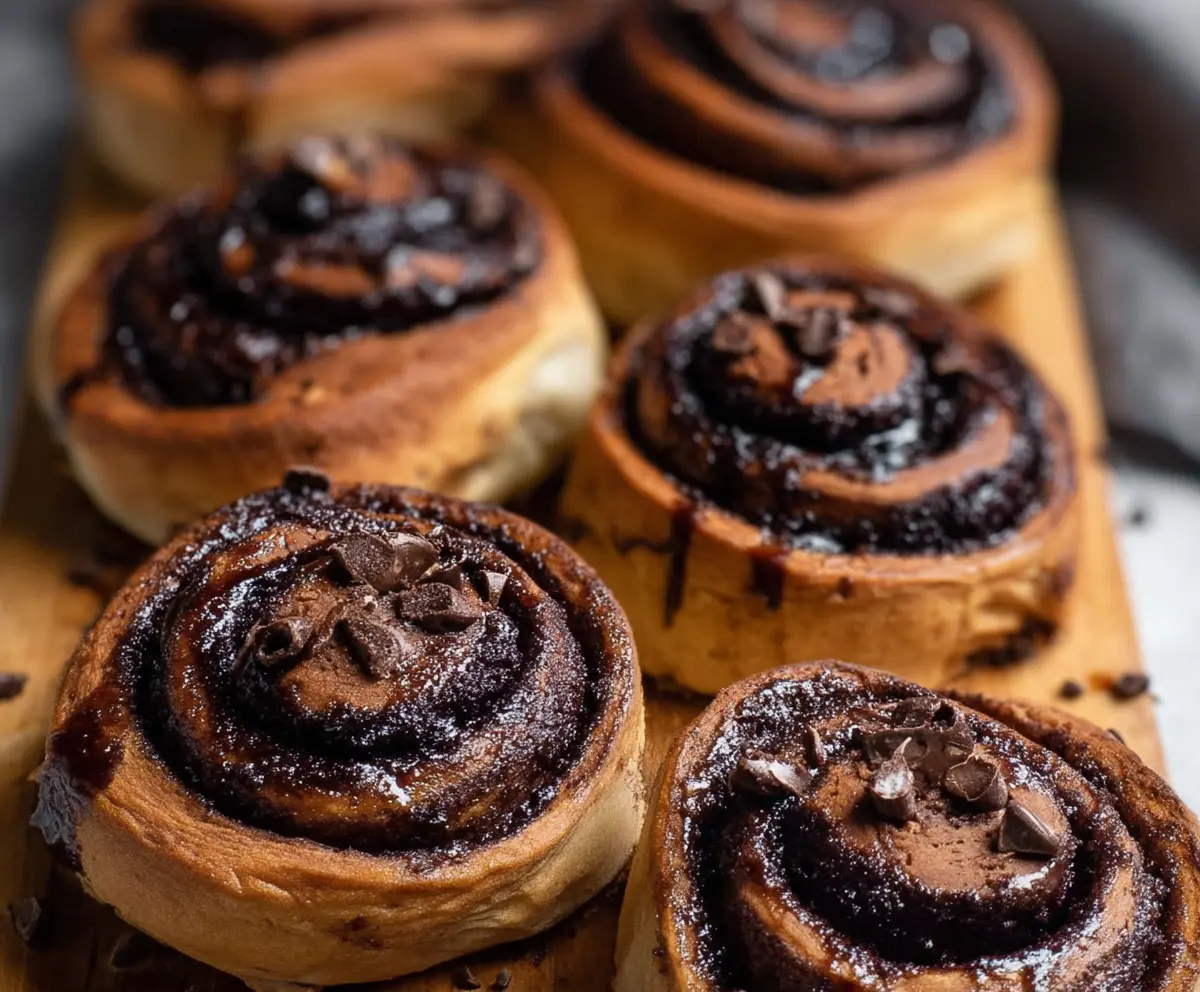 Delicious chocolate cinnamon rolls fresh out of the oven with swirls of chocolate and cinnamon.