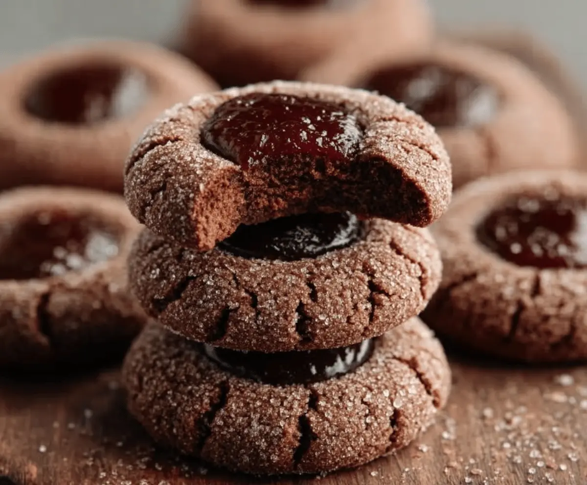 Delicious chocolate thumbprint cookies with a rich, gooey filling on a rustic wooden table.