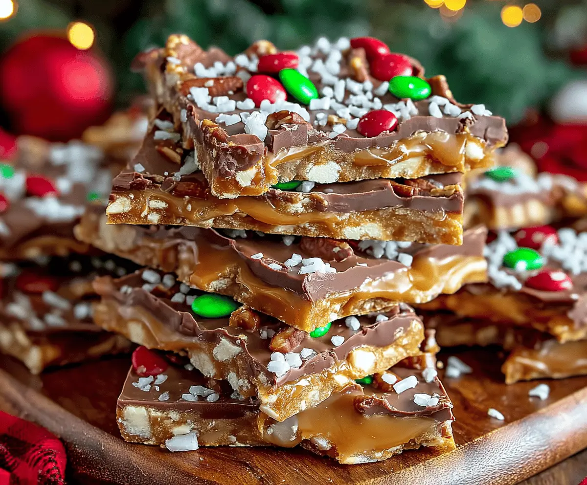 Delicious Christmas Crack recipe with almond toffee topped with chocolate and holiday sprinkles.