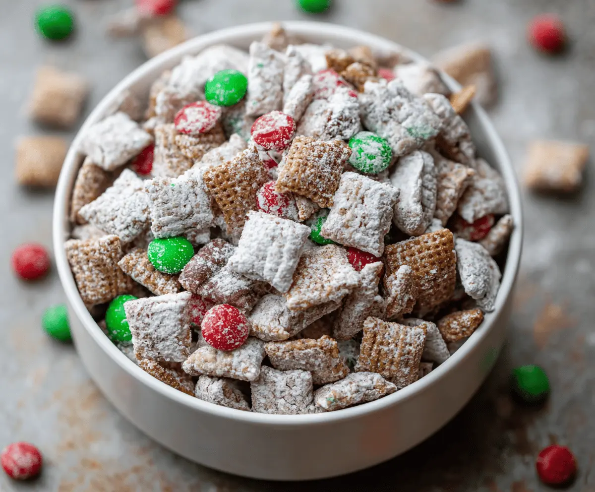 Delicious homemade Christmas Puppy Chow with colorful powdered sugar coating and festive holiday decorations.