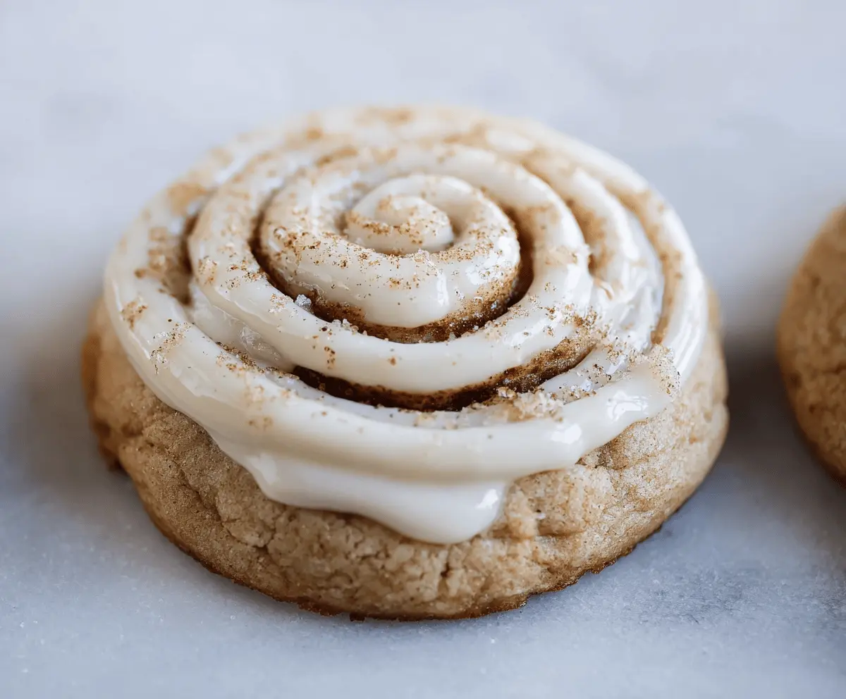 Delicious cinnamon roll cookie with swirled icing topping on a white plate