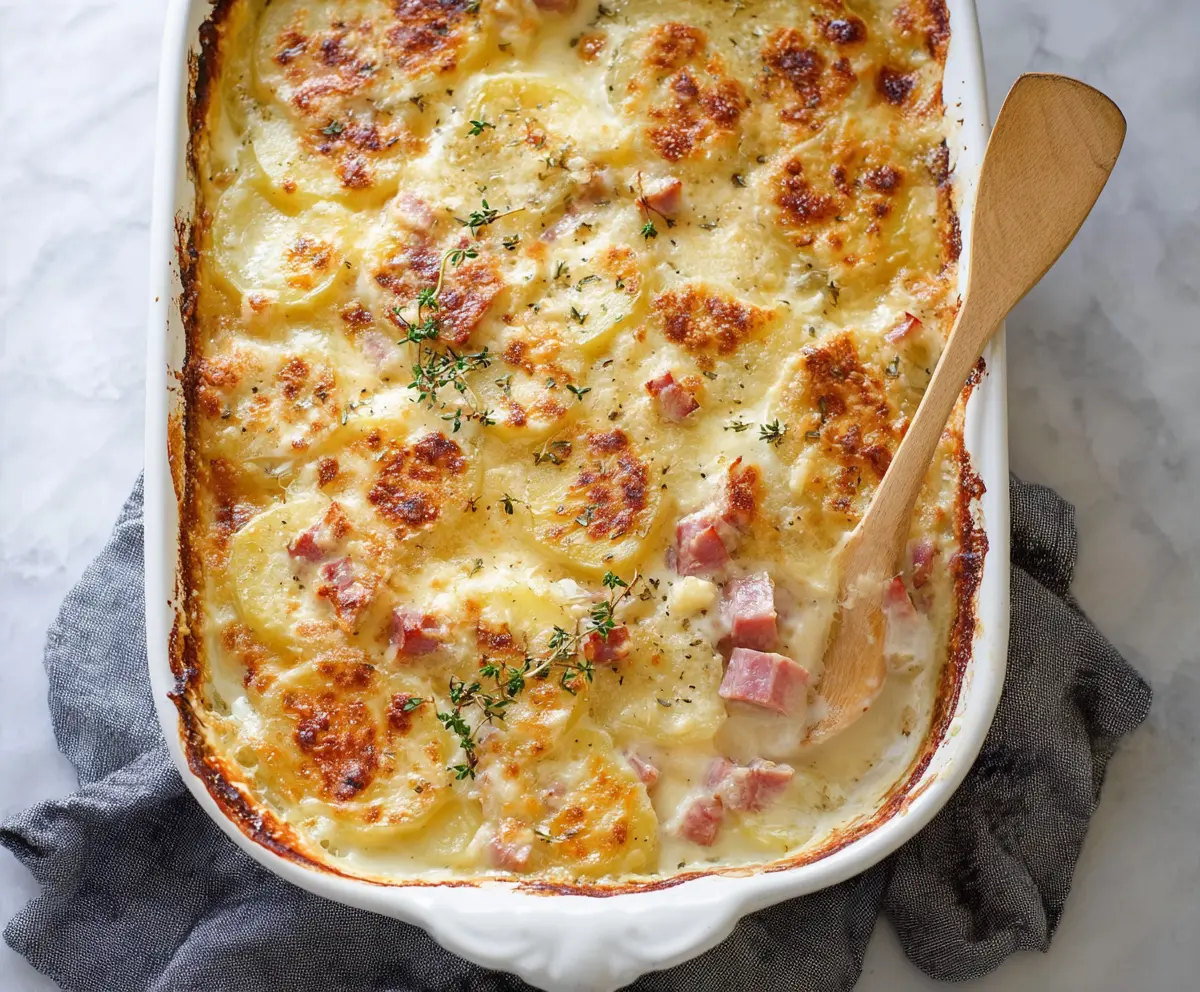 Delicious classic scalloped potatoes with ham, baked to creamy perfection and served hot.