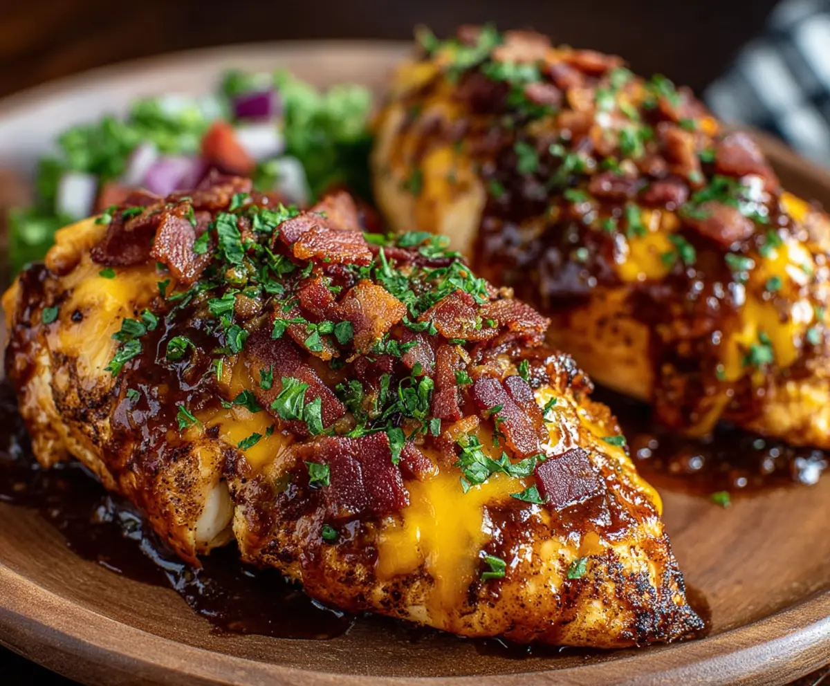 Juicy Cowboy BBQ Bacon Cheddar Chicken served on a plate with melted cheese and crispy bacon toppings.