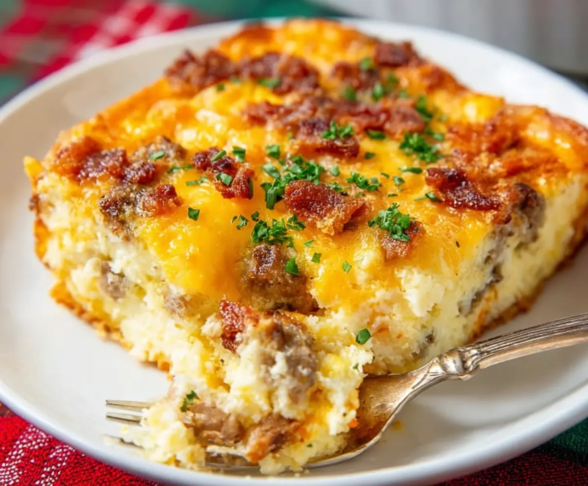 Delicious Crack Breakfast Casserole with eggs, cheese, and bacon in a baked dish.