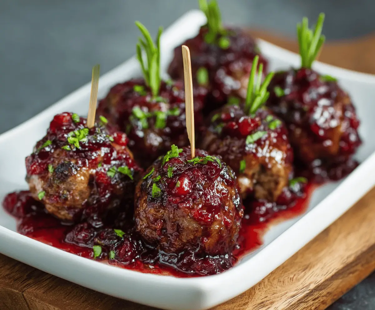 Delicious cranberry sauce glazed meatballs ready for holiday serving.