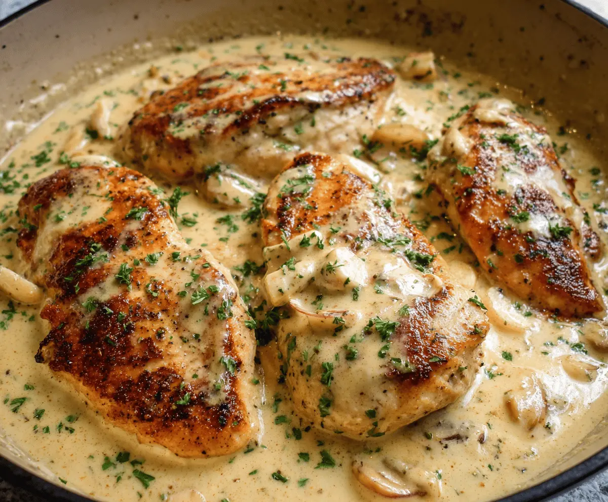 Delicious creamy garlic chicken served on a white plate with herbs.