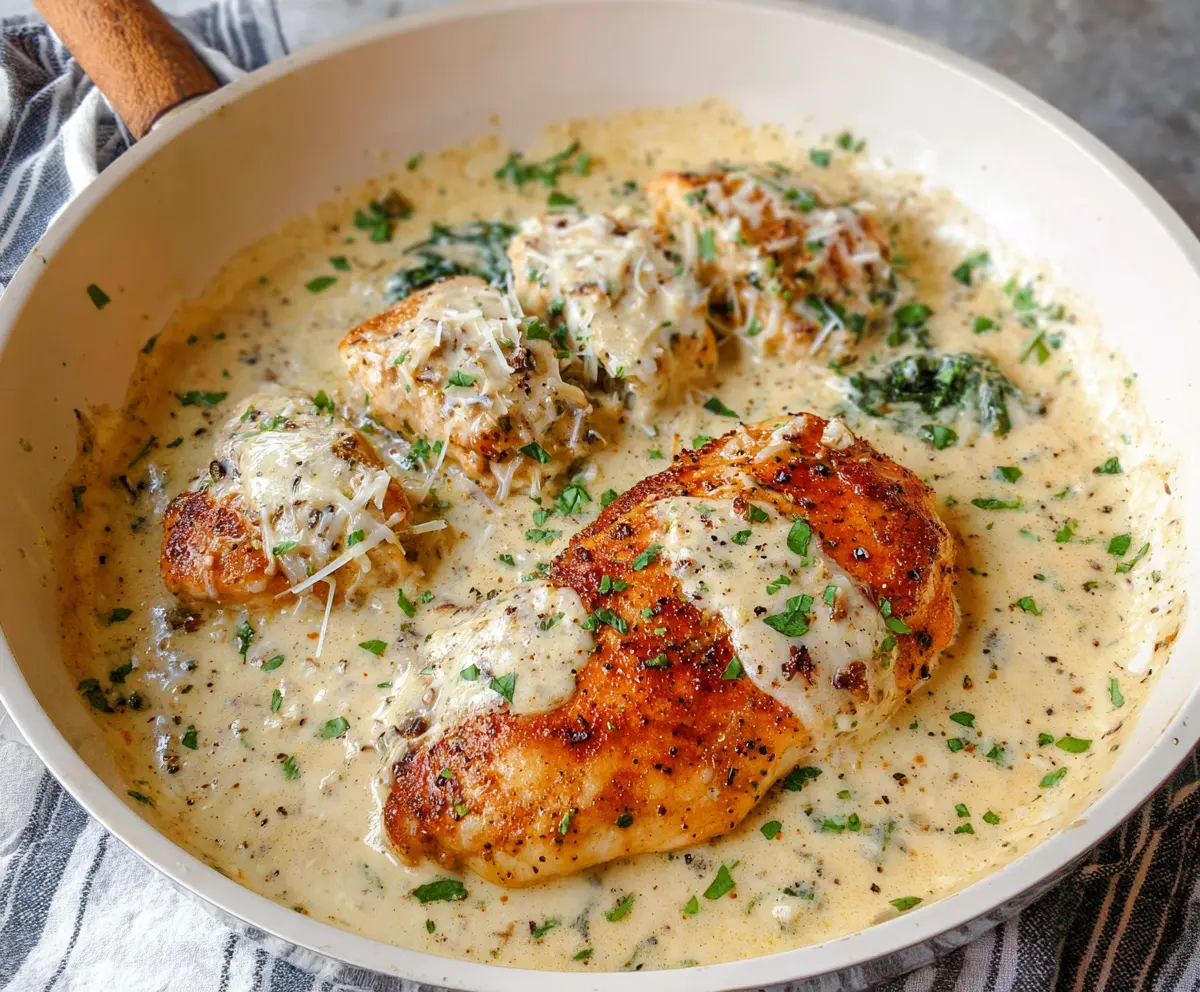 Creamy Garlic Parmesan Chicken served with fresh herbs on a white plate.