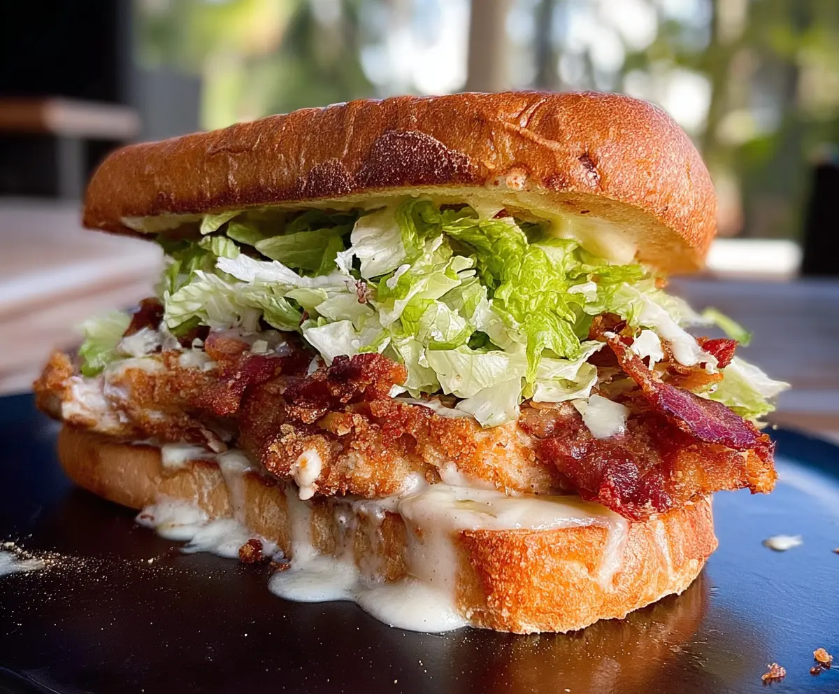 Delicious crispy chicken Caesar sandwich with fresh lettuce and creamy Caesar dressing on a toasted bun.