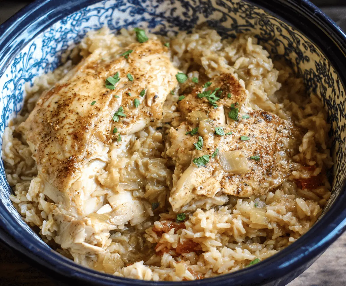 Delicious Crock Pot Chicken and Rice served in a white bowl with fresh herbs garnish.
