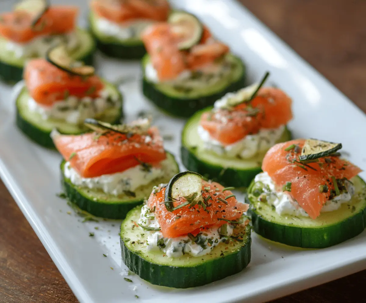 Delicious cucumber smoked salmon bites garnished with fresh herbs on a white plate.