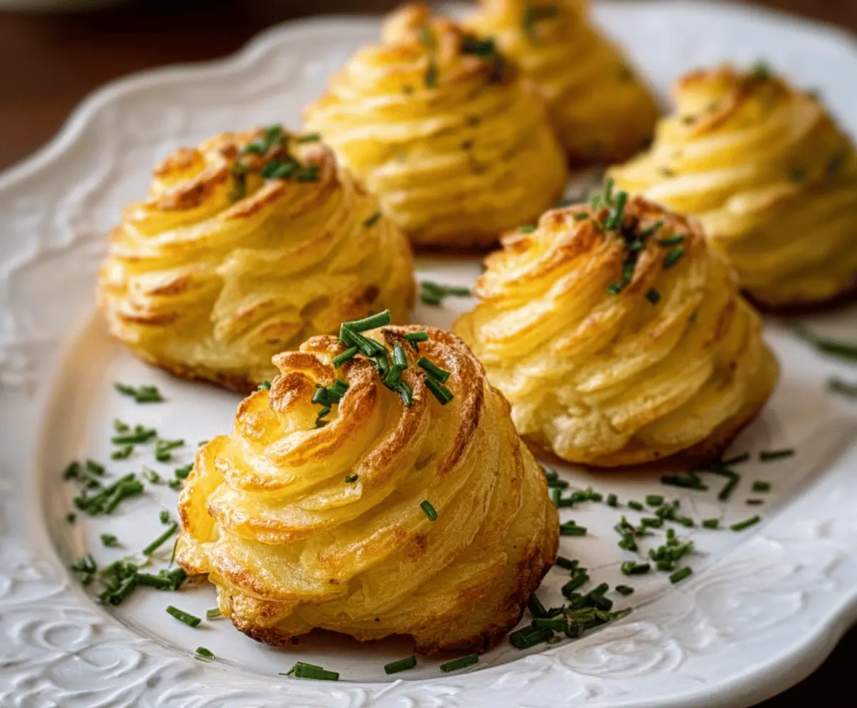 Creamy Duchess Potatoes garnished with herbs on a elegante serving plate.