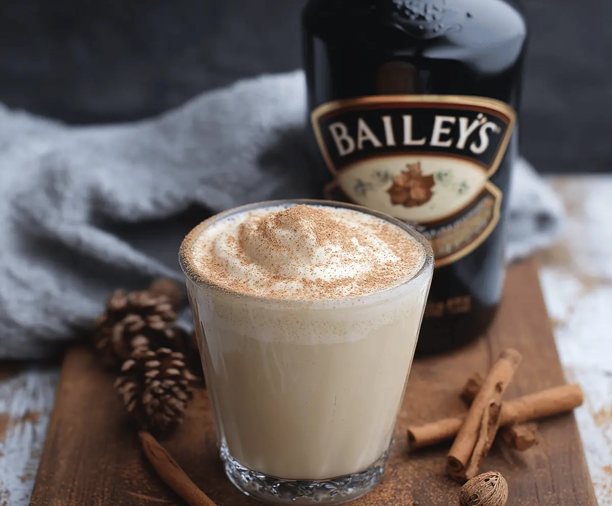 Creamy eggnog with Baileys Irish Cream in a festive glass, garnished with nutmeg.