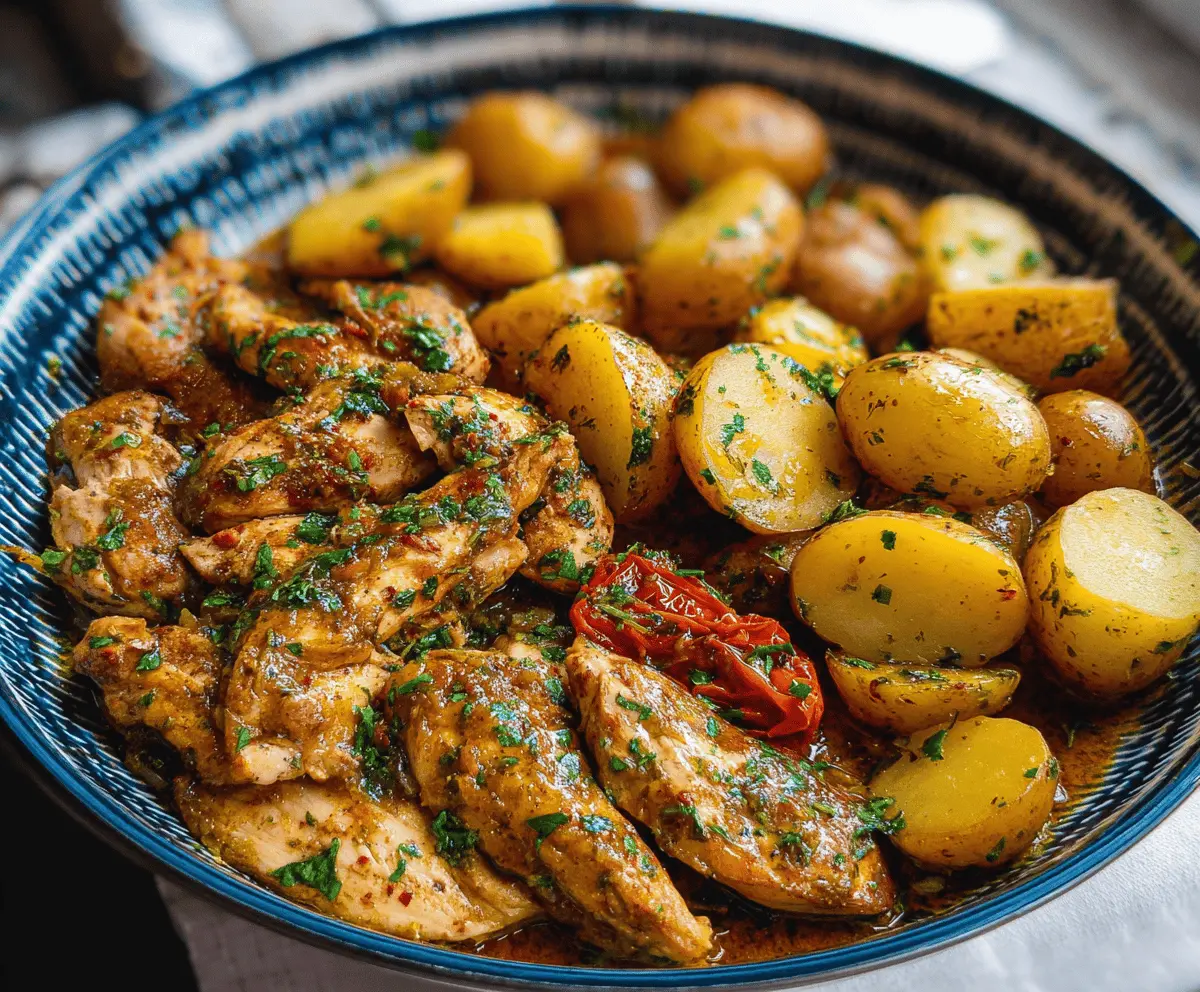Delicious garlic butter chicken with crispy roasted potatoes in a skillet, topped with fresh herbs.