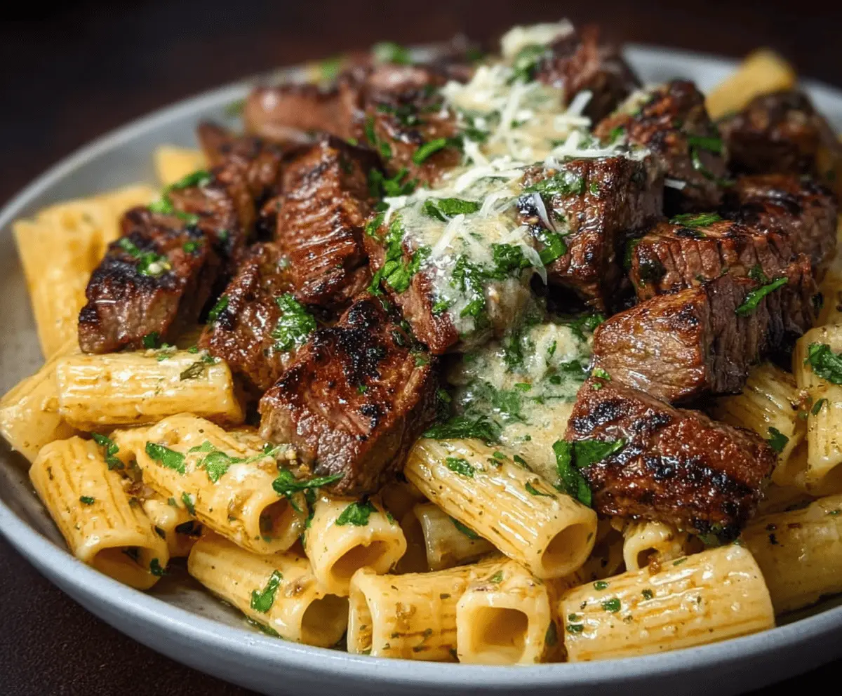 Garlic Butter Steak Tips with Cheesy Rigatoni
