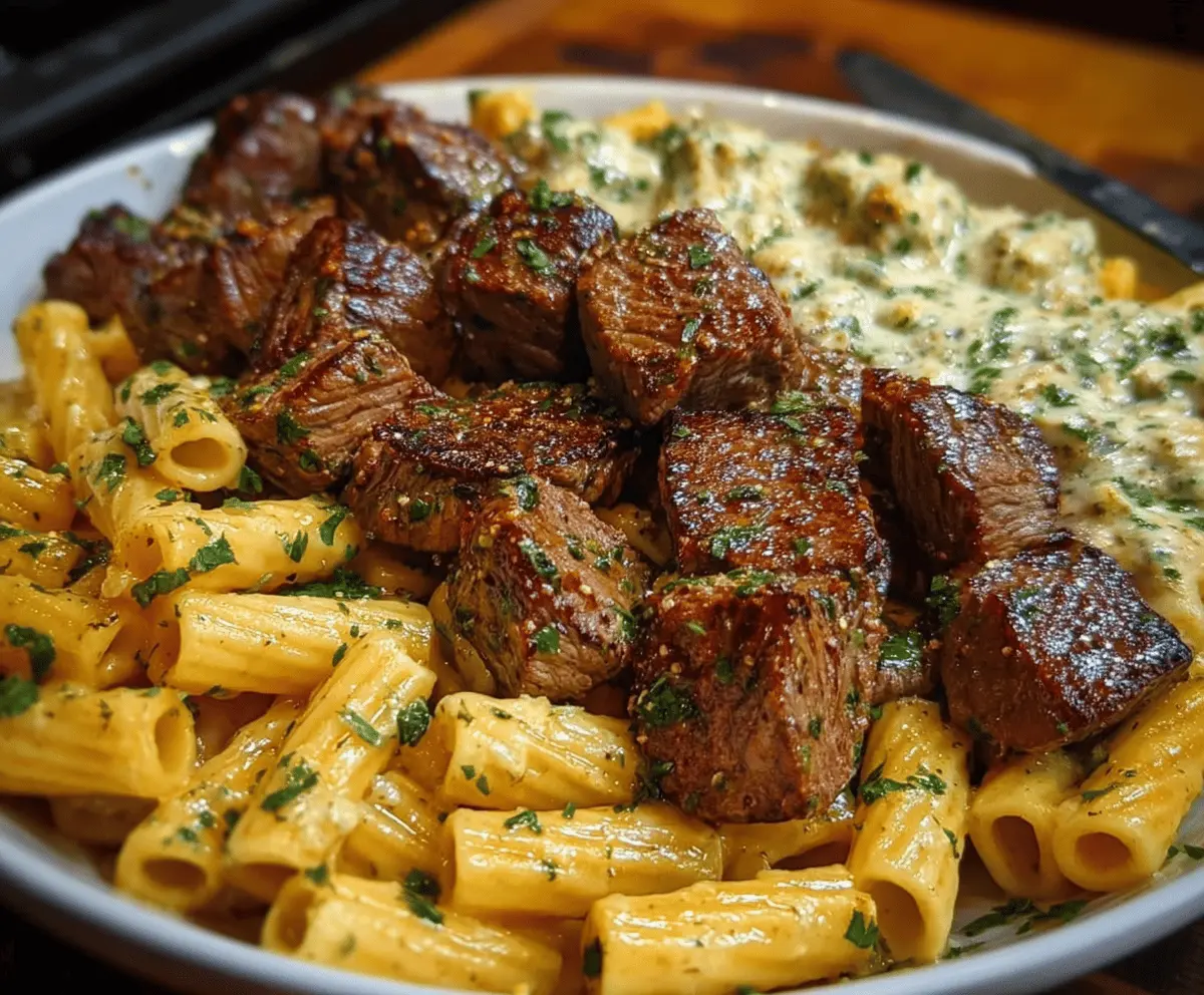 Succulent garlic butter steak tips served with cheesy rigatoni pasta, perfect for a hearty dinner.