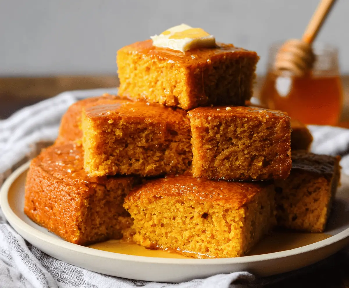 Golden Honey Butter Sweet Potato Cornbread slice served on a rustic plate, highlighting its moist texture and sweet potato flavor.