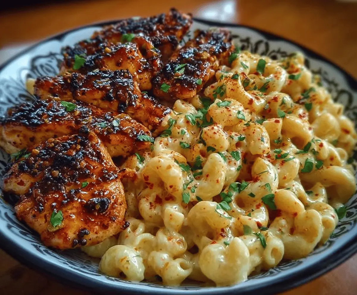 Delicious honey pepper chicken served with creamy macaroni cheese on a plate