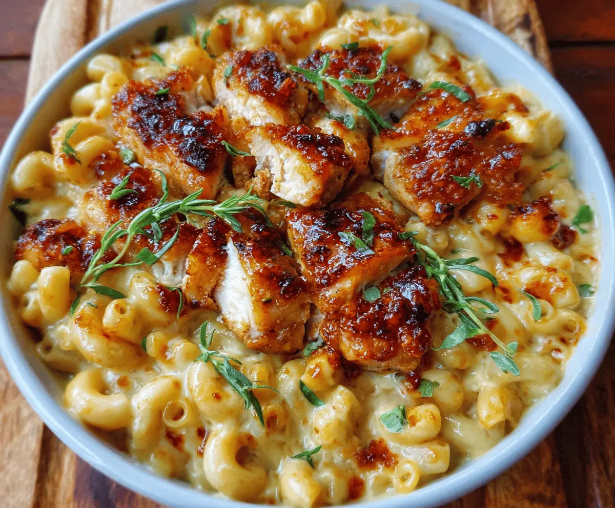 Creamy mac and cheese topped with spicy hot honey glazed chicken in a delicious recipe image.