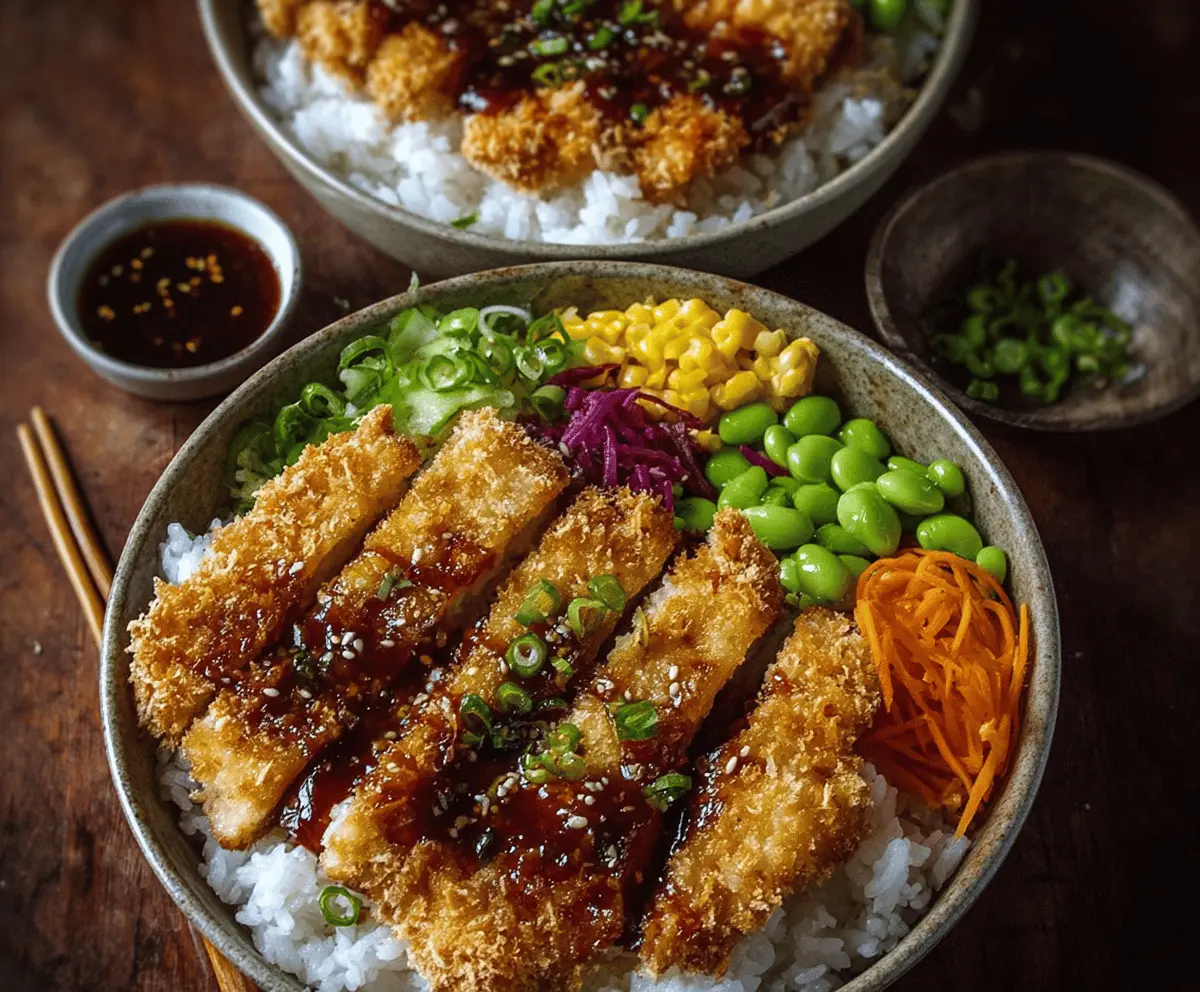 Delicious Japanese Katsu Bowl topped with crispy breaded pork cutlet and rich Tonkatsu sauce