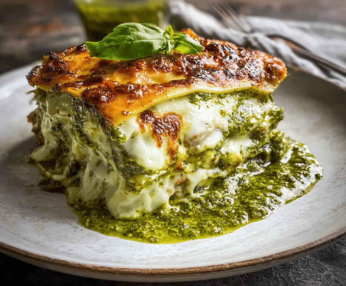 Delicious homemade Lasagna al Pesto with layers of pasta, basil pesto, and melted cheese.