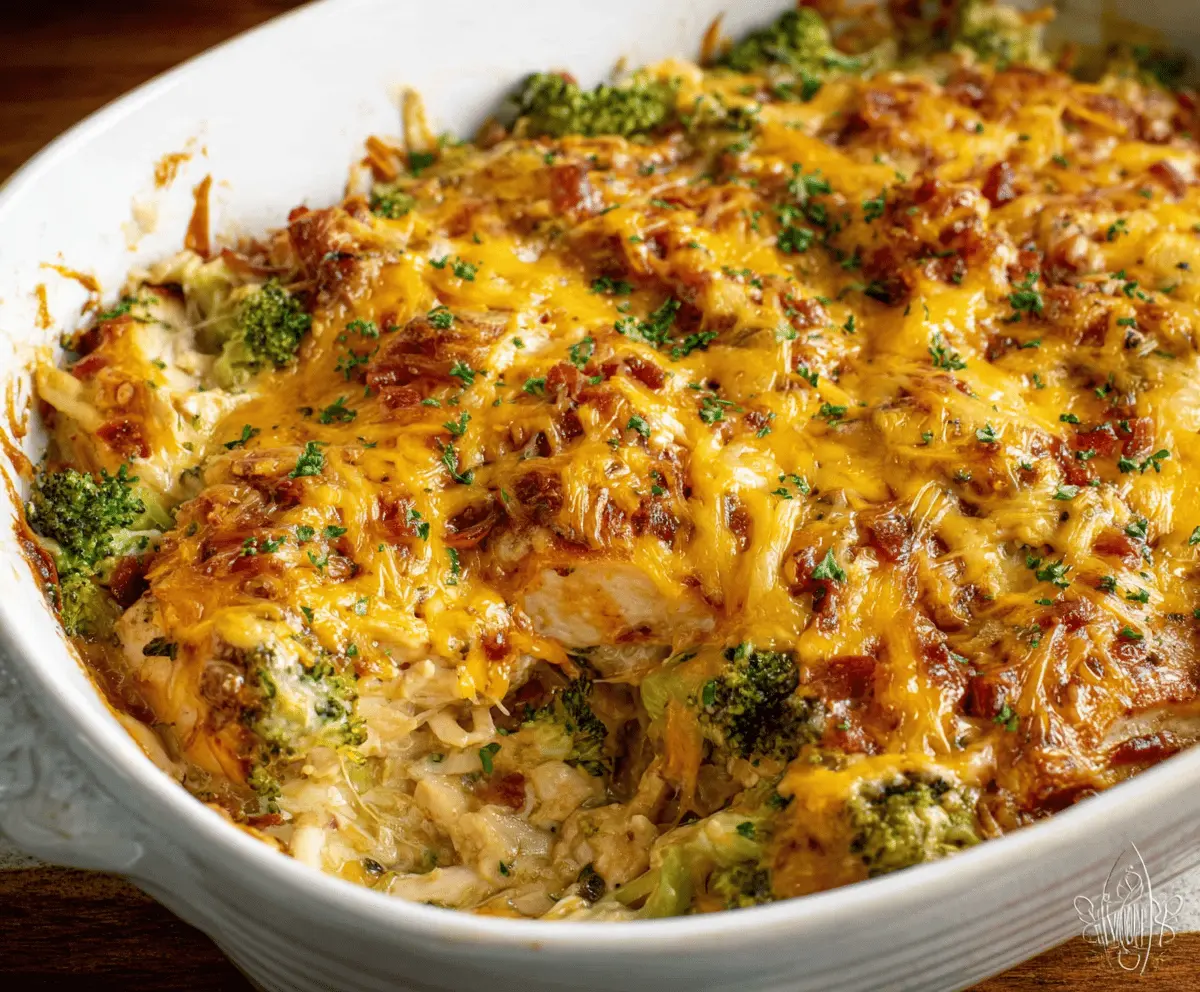 Delicious low carb chicken casserole baked to perfection, featuring tender chicken and melted cheese.