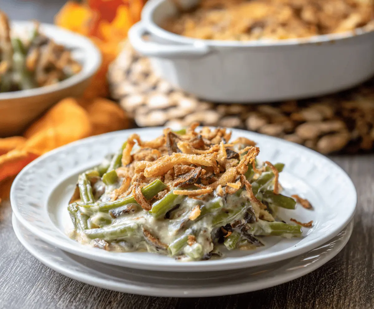Delicious homemade Campbell's green bean casserole garnished with crispy onions for a festive holiday side dish.