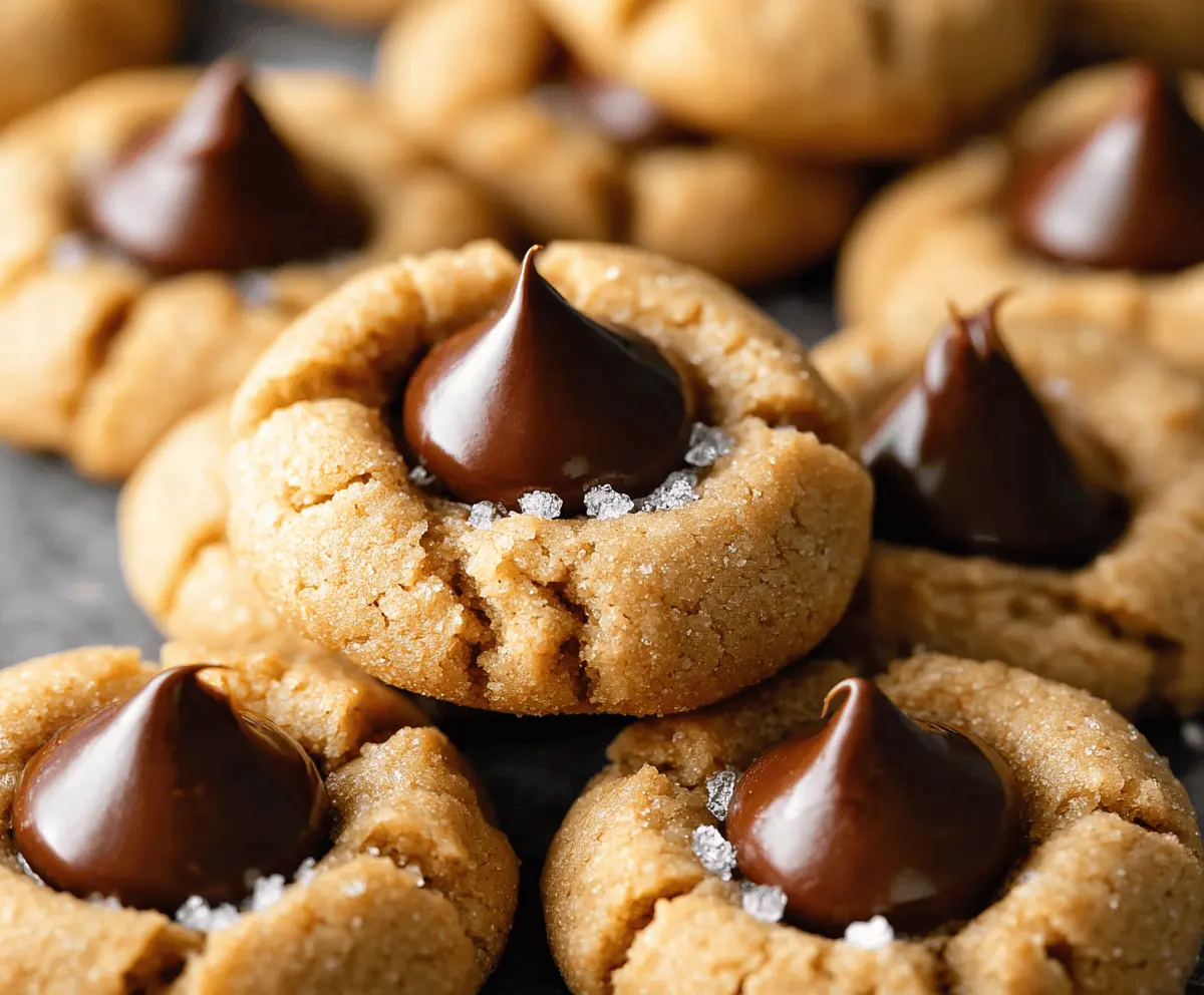 Delicious Peanut Butter Blossoms cookies topped with chocolate kisses on a baking tray.