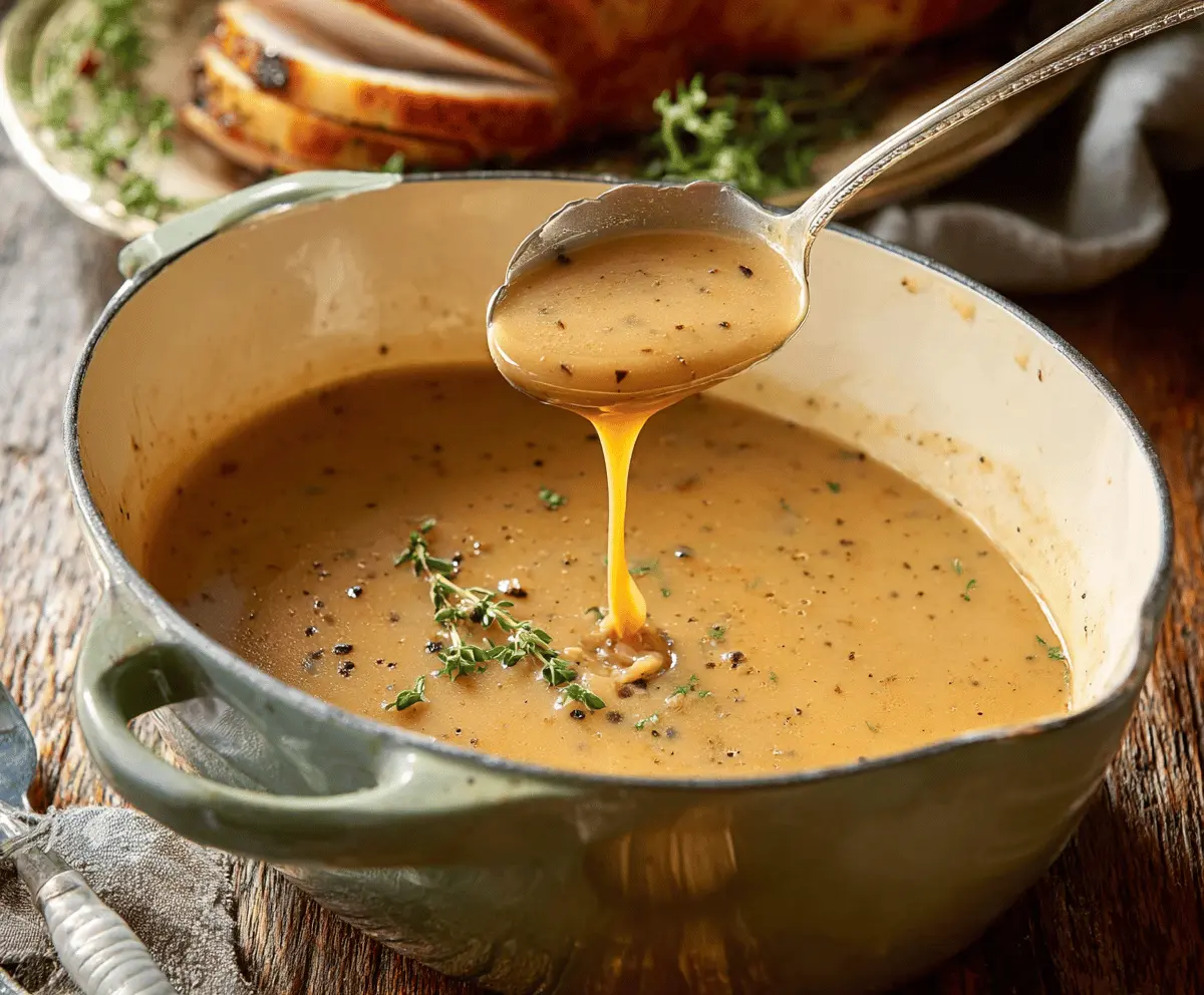 A rich and creamy turkey gravy served in a white gravy boat for Thanksgiving dinner.