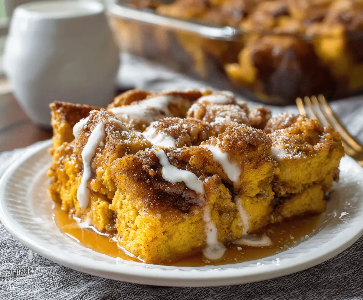 Delicious Pumpkin Spice French Toast Casserole topped with powdered sugar and served with fresh fruit.