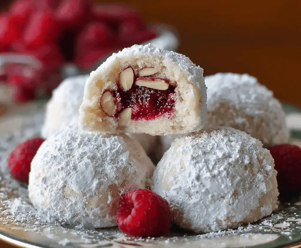 Raspberry Filled Almond Snowball Cookies