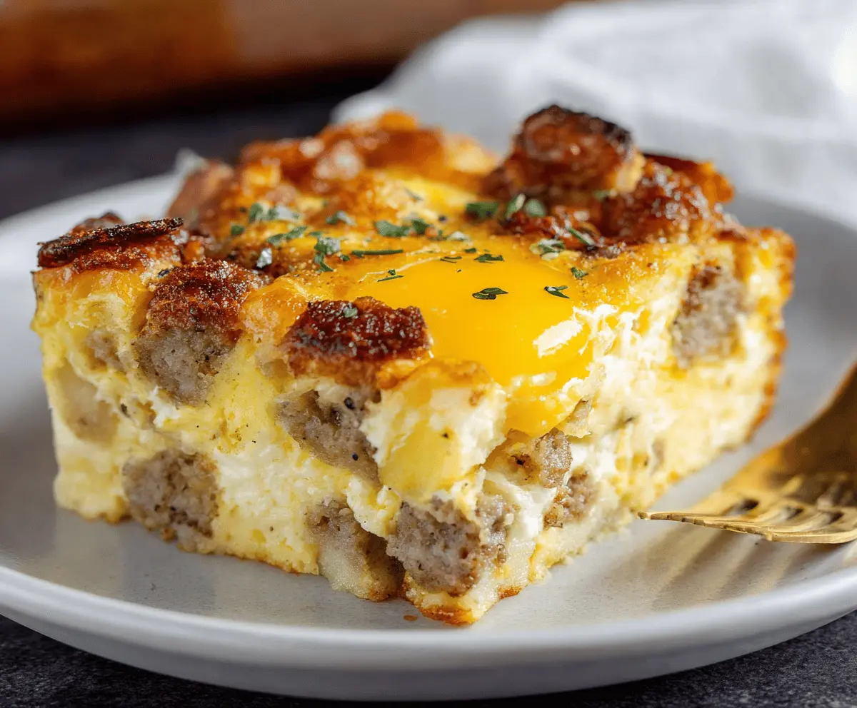 Baked sausage and egg casserole with melted cheese and fresh herbs on a serving dish