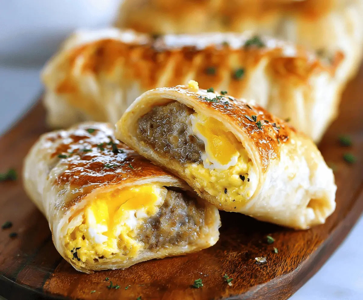Delicious sausage egg breakfast roll-ups on a plate, perfect for a hearty morning meal.