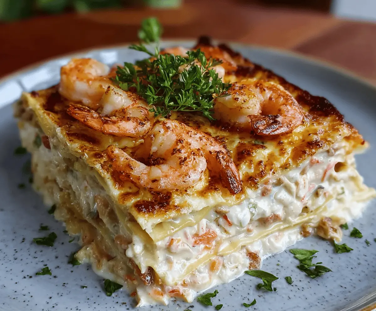 Delicious shrimp and crab lasagna served on a white plate with fresh herbs