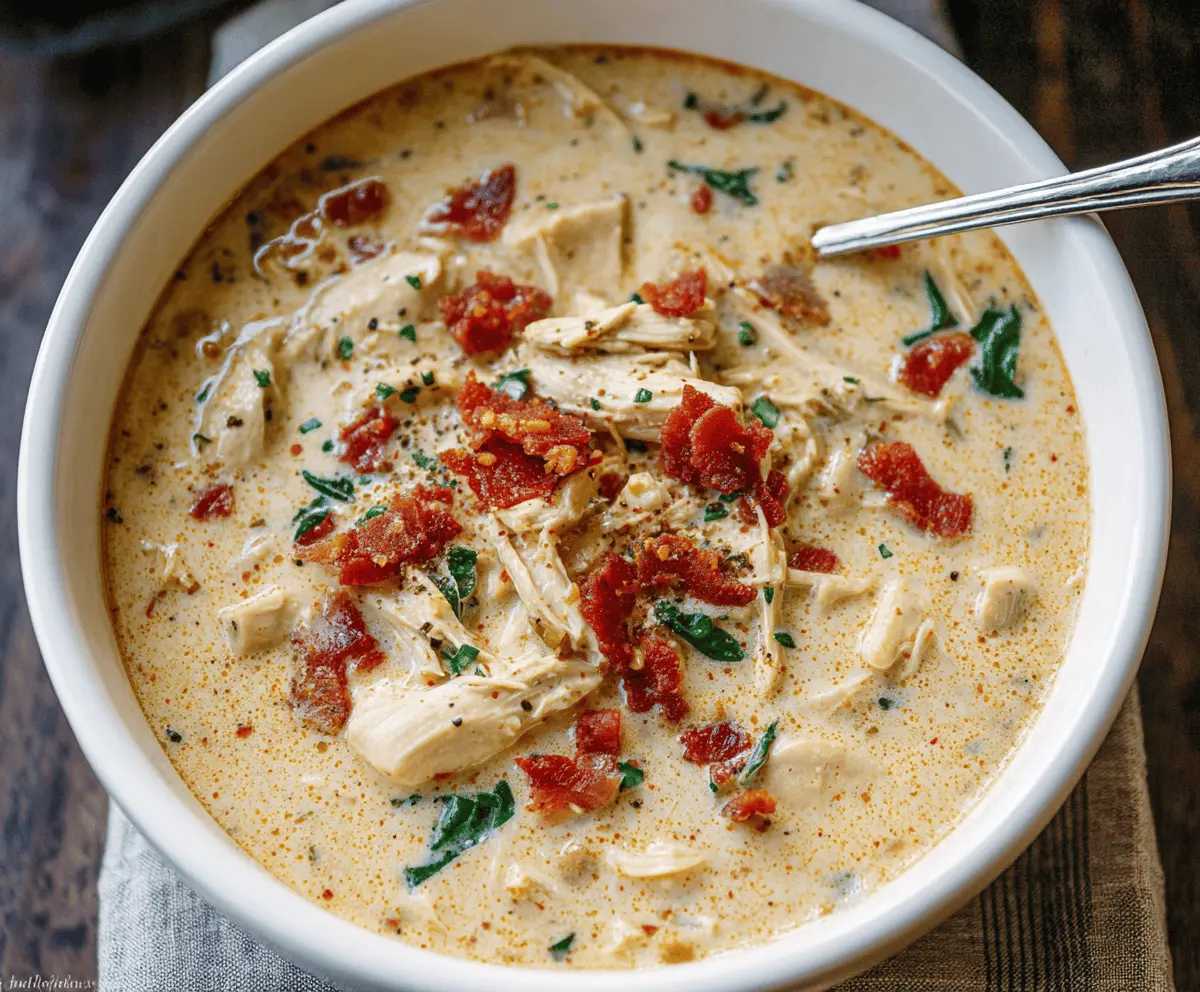 Creamy Crack Chicken Soup in a slow cooker with shredded chicken, cheese, and herbs