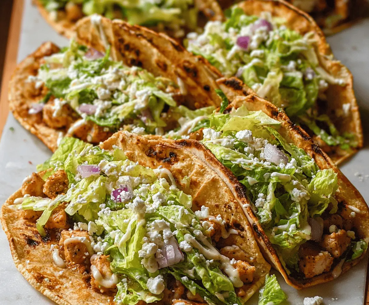 Delicious Smash Chicken Caesar Tacos with crispy chicken, fresh romaine lettuce, and creamy Caesar dressing in soft taco shells.