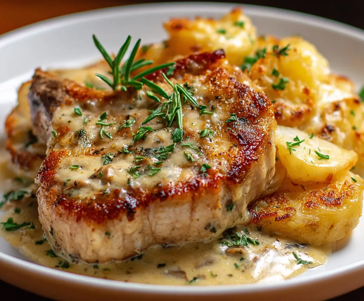 Juicy smothered pork chop served with a creamy scalloped potato casserole, perfect for a comforting meal.