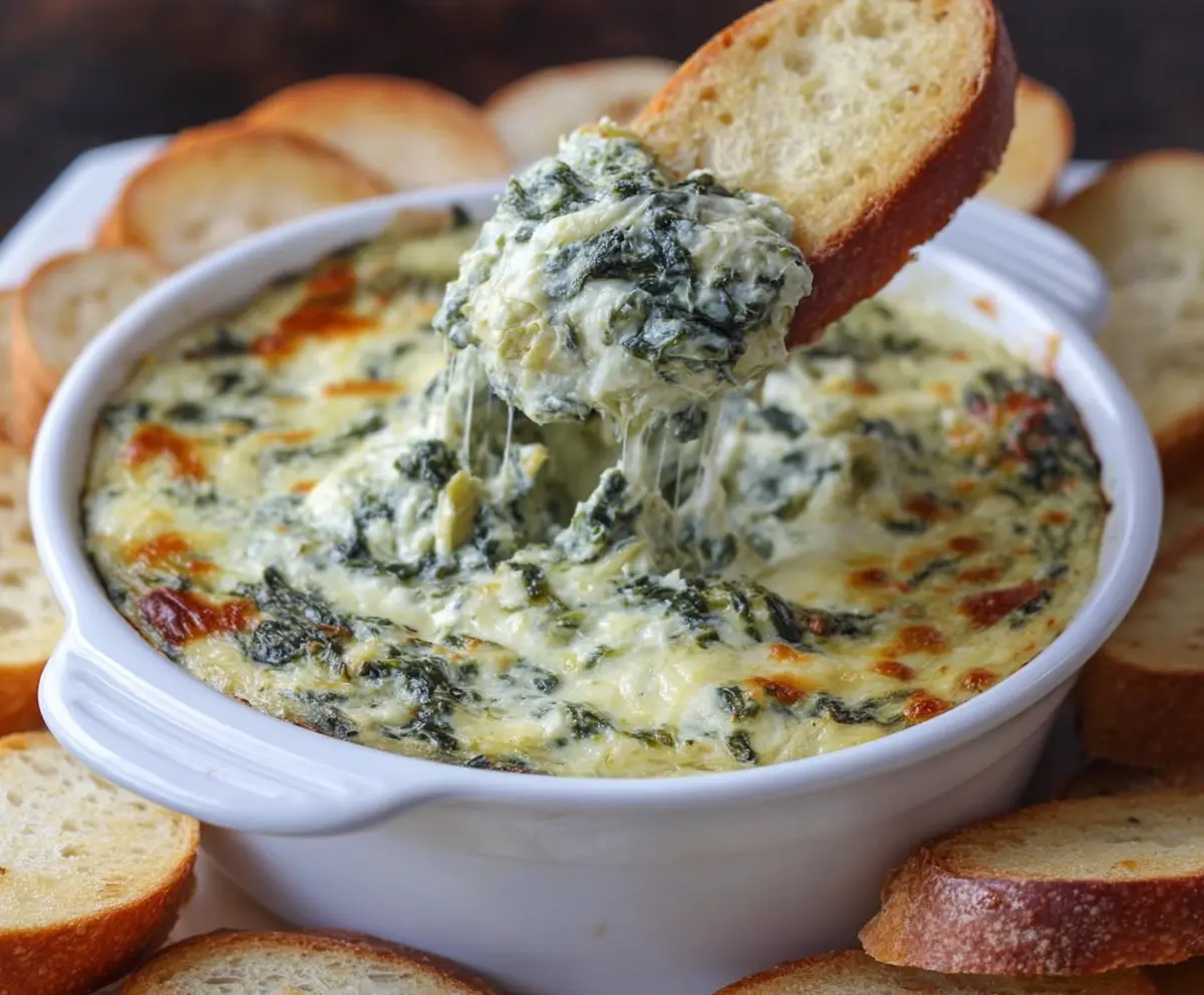 Creamy spinach artichoke dip served in a bowl, ideal for parties and snacks.