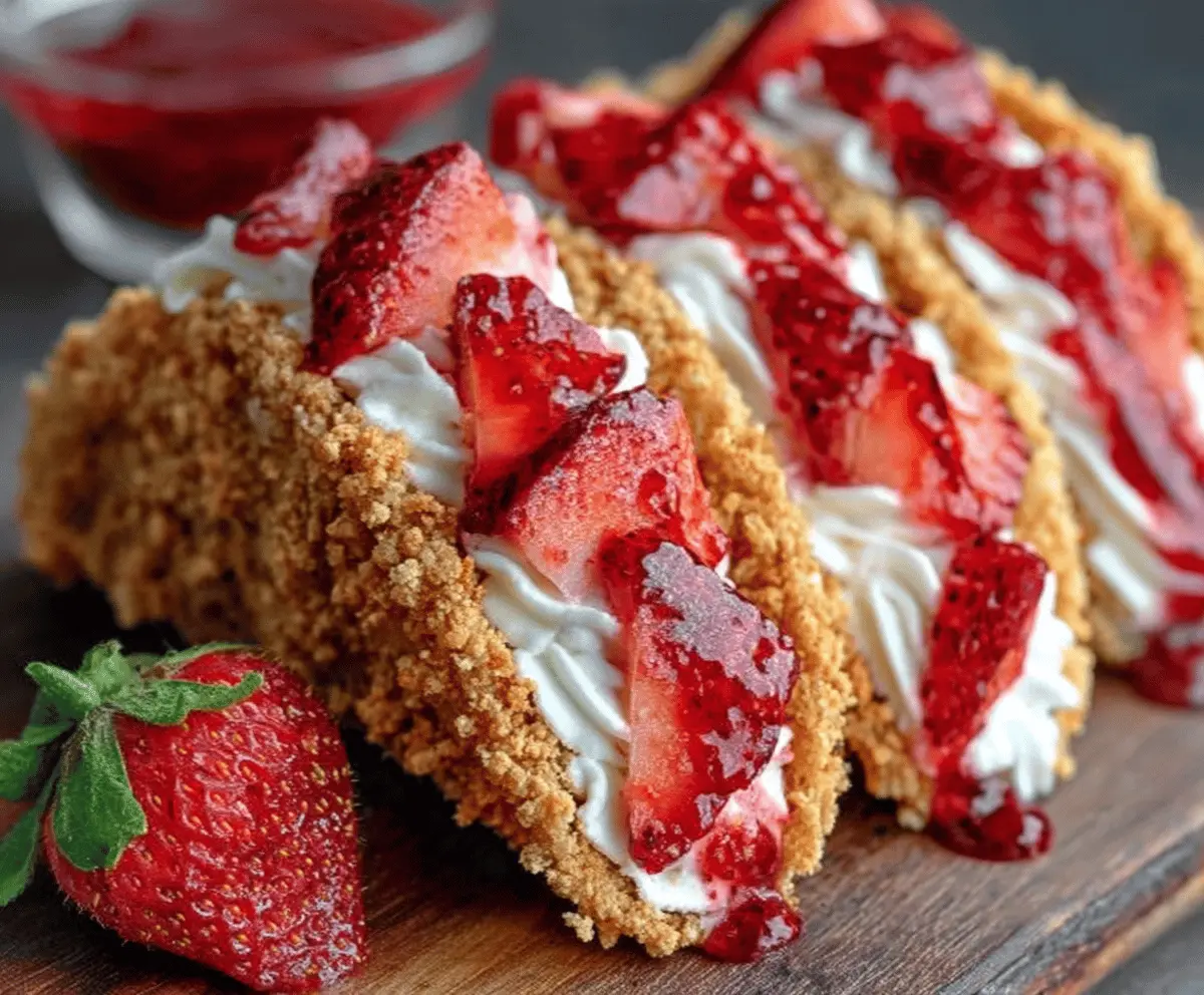 Delicious Strawberry Crunch Cheesecake Tacos topped with fresh strawberries and crunchy toppings.