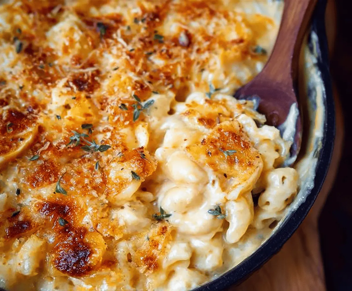 Creamy mac and cheese in a white bowl topped with shredded cheese and herbs, served as a comforting dinner.
