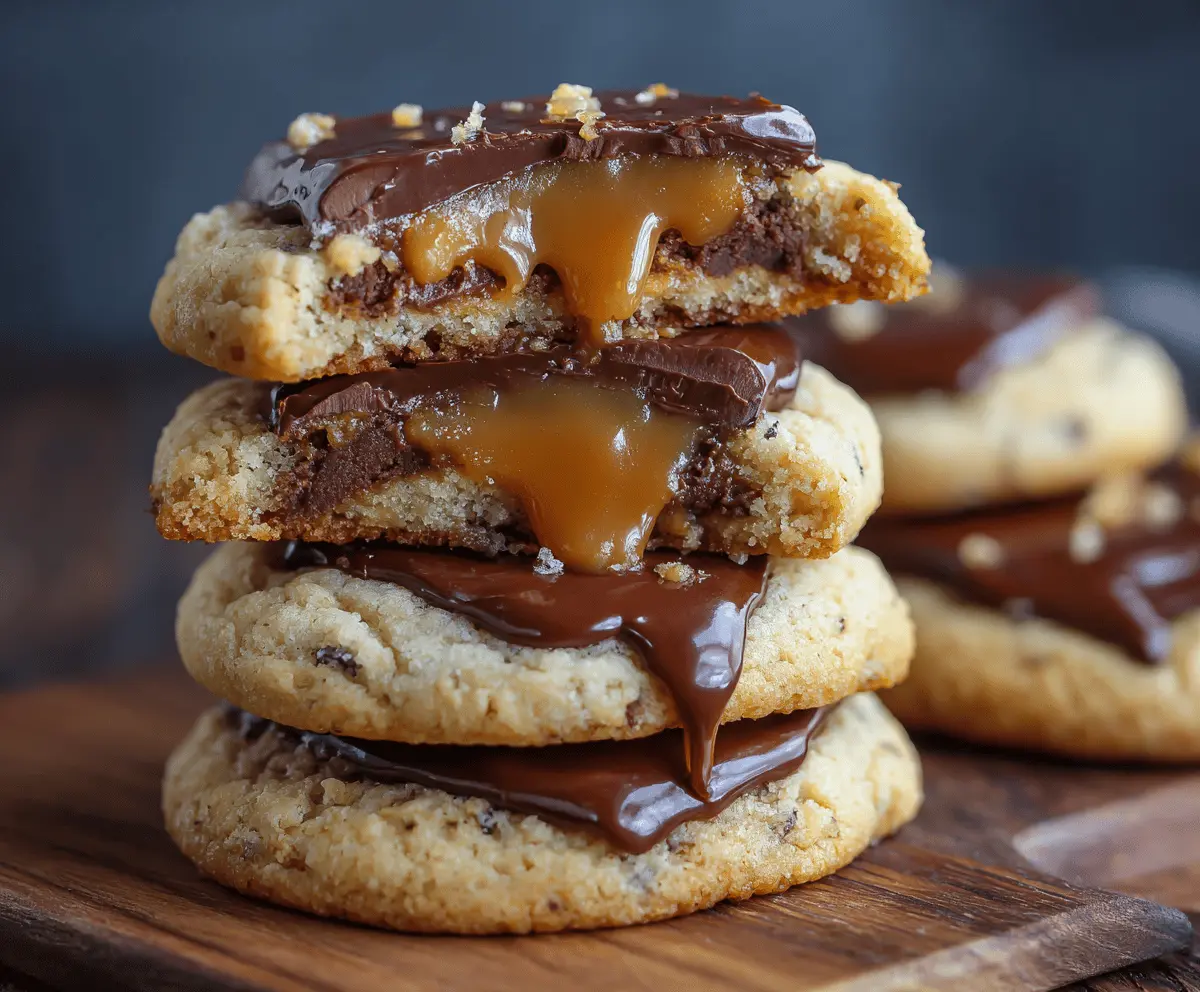 Delicious Twix-style cookies with caramel, chocolate, and cookie layers on a baking tray.