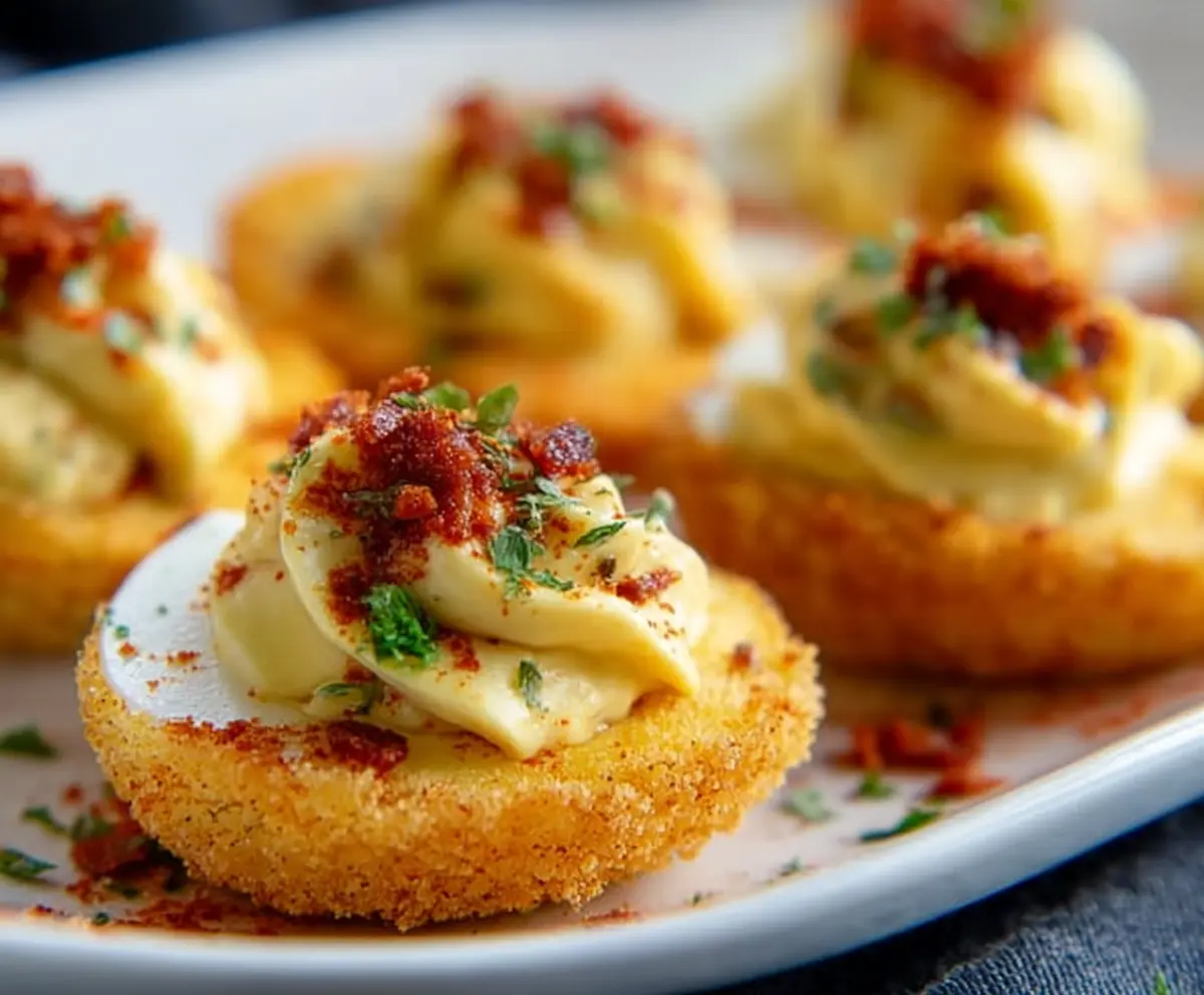 Delicious air fryer deviled eggs garnished with paprika and fresh herbs on a white plate.