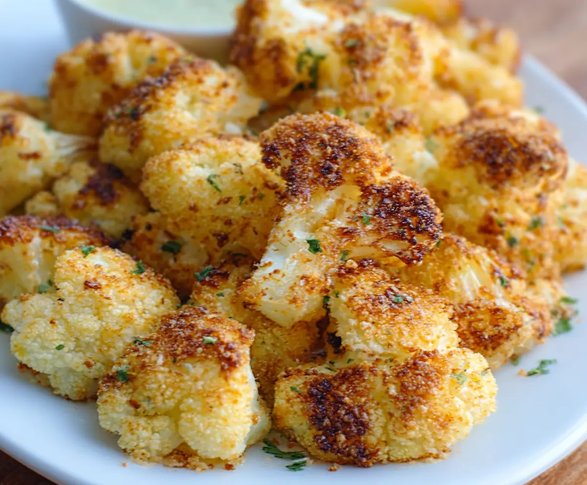 Delicious Air Fryer Parmesan Roasted Cauliflower on a plate, garnished with fresh herbs.