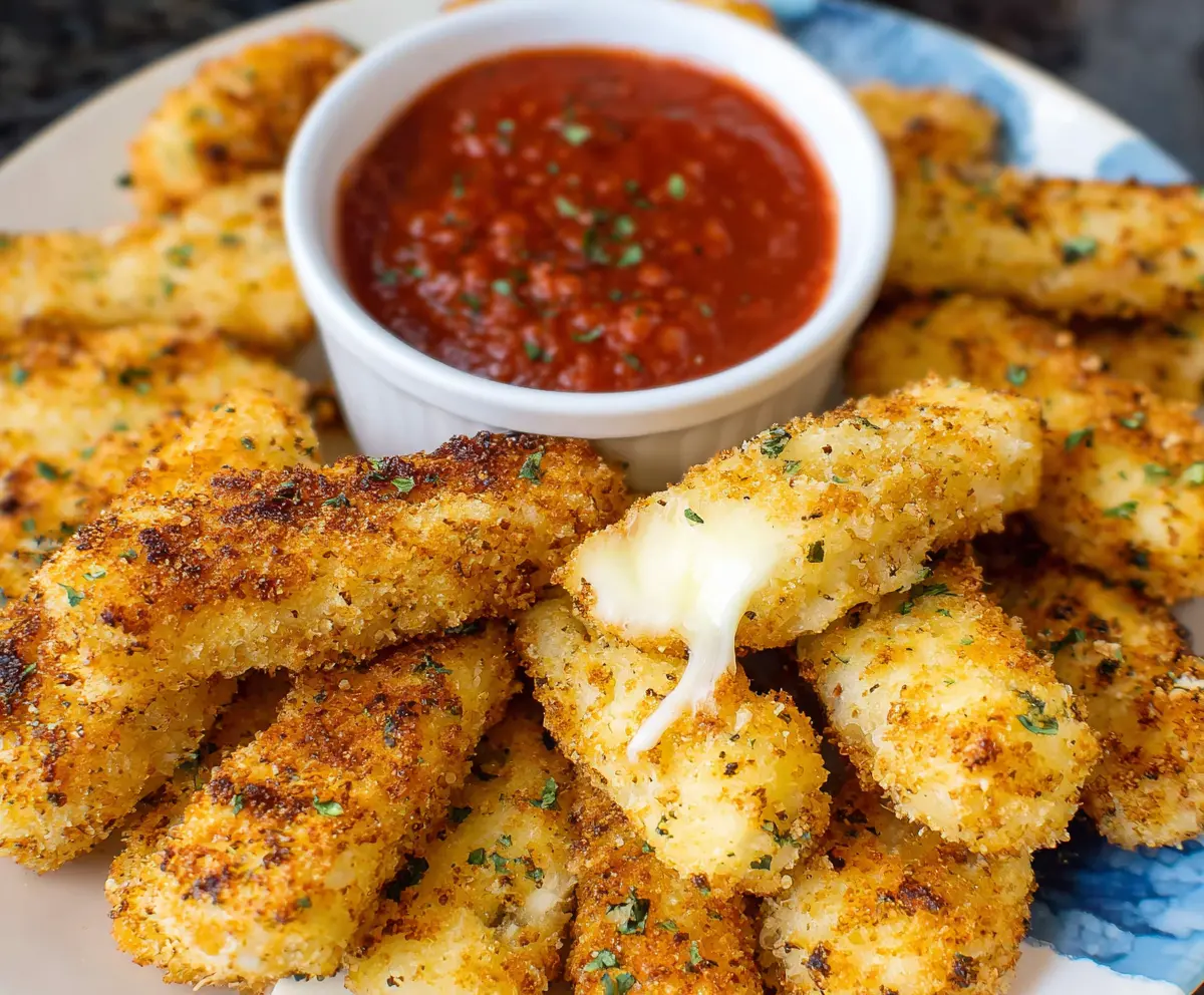Golden baked mozzarella sticks with melted cheese, perfect as a crispy appetizer or snack.