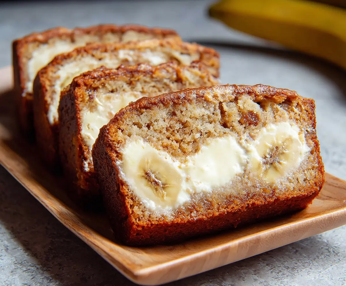 Delicious banana bread with a creamy cream cheese filling, perfect for breakfast or tea time.