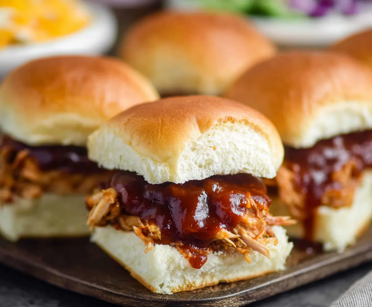 Delicious BBQ Chicken Sliders topped with melted cheese and fresh coleslaw on a dinner plate.