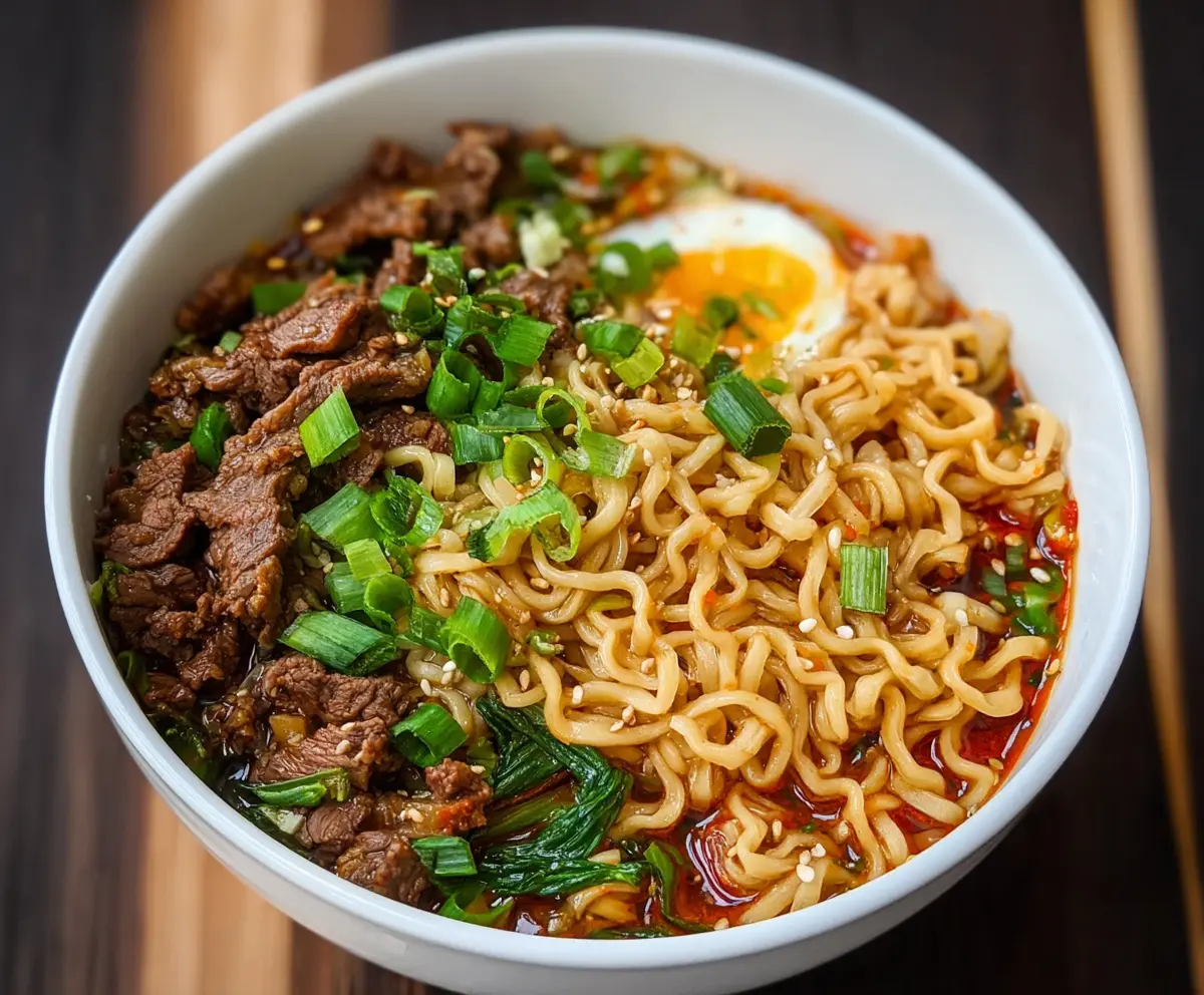 Delicious beef ramen noodles in a savory broth with vegetables and herbs
