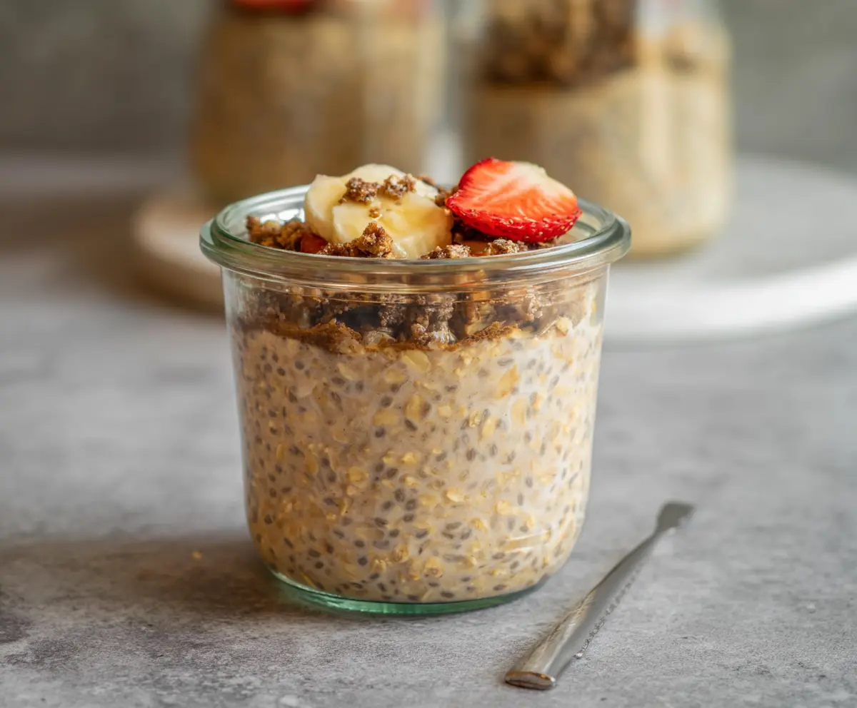 Creamy brown sugar overnight oats in a glass jar topped with fresh berries and chia seeds.