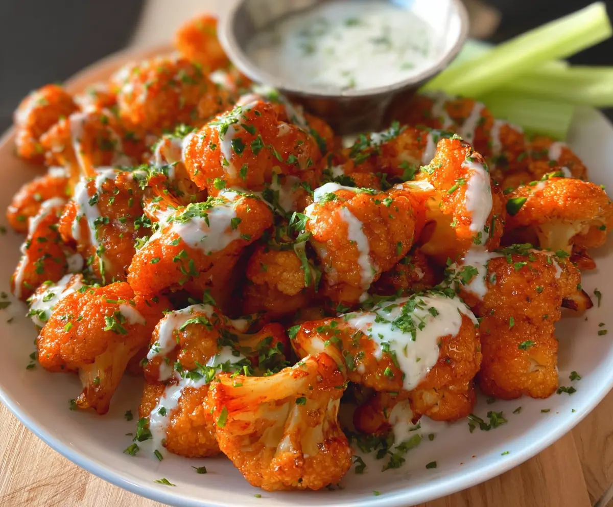 Crispy Buffalo Cauliflower Bites served with sides of celery and blue cheese dip.